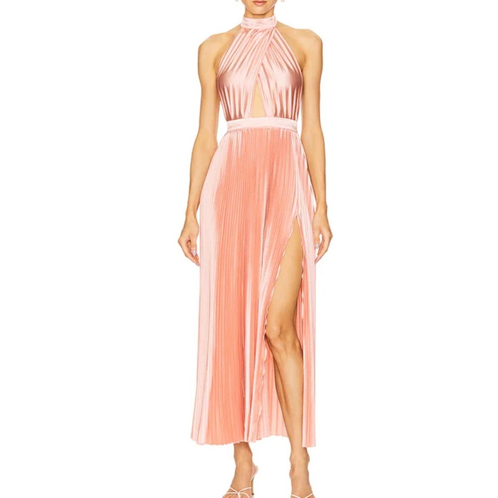 L'IDEE Woman Renaissance Gown Pink Pleated Light Pink Satin Maxi Dress 4 NEW‎